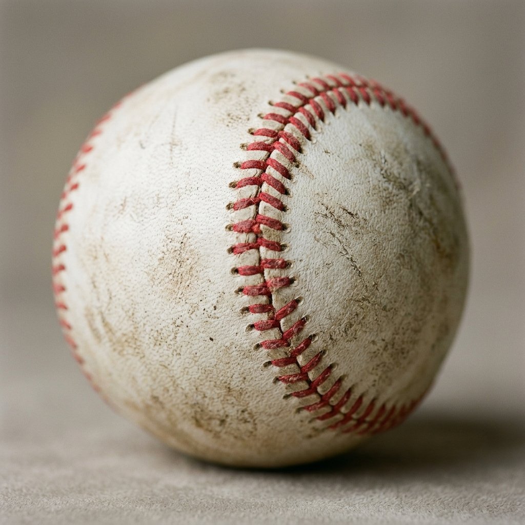 A worn baseball with red stitching, on a grey studio backdrop